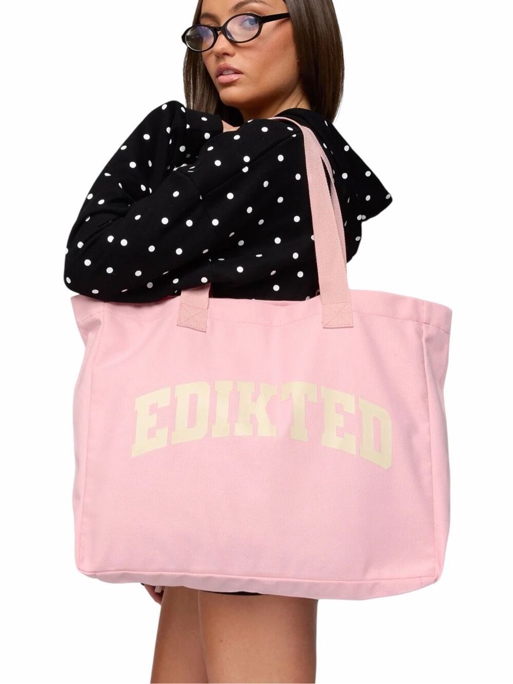 EDIKTED My Edikted Pink Collegiate Graphic Oversized Canvas Tote Bag